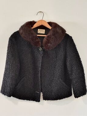 Vintage "A Winter Product" Black Boucle Coat with Brown Collar